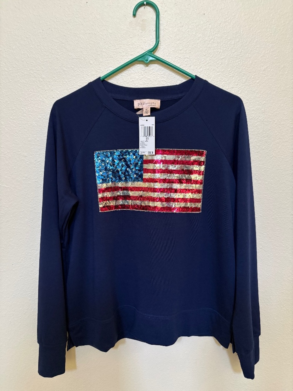 Philosophy Navy Sequin American Flag Lightweight Sweatshirt-size small